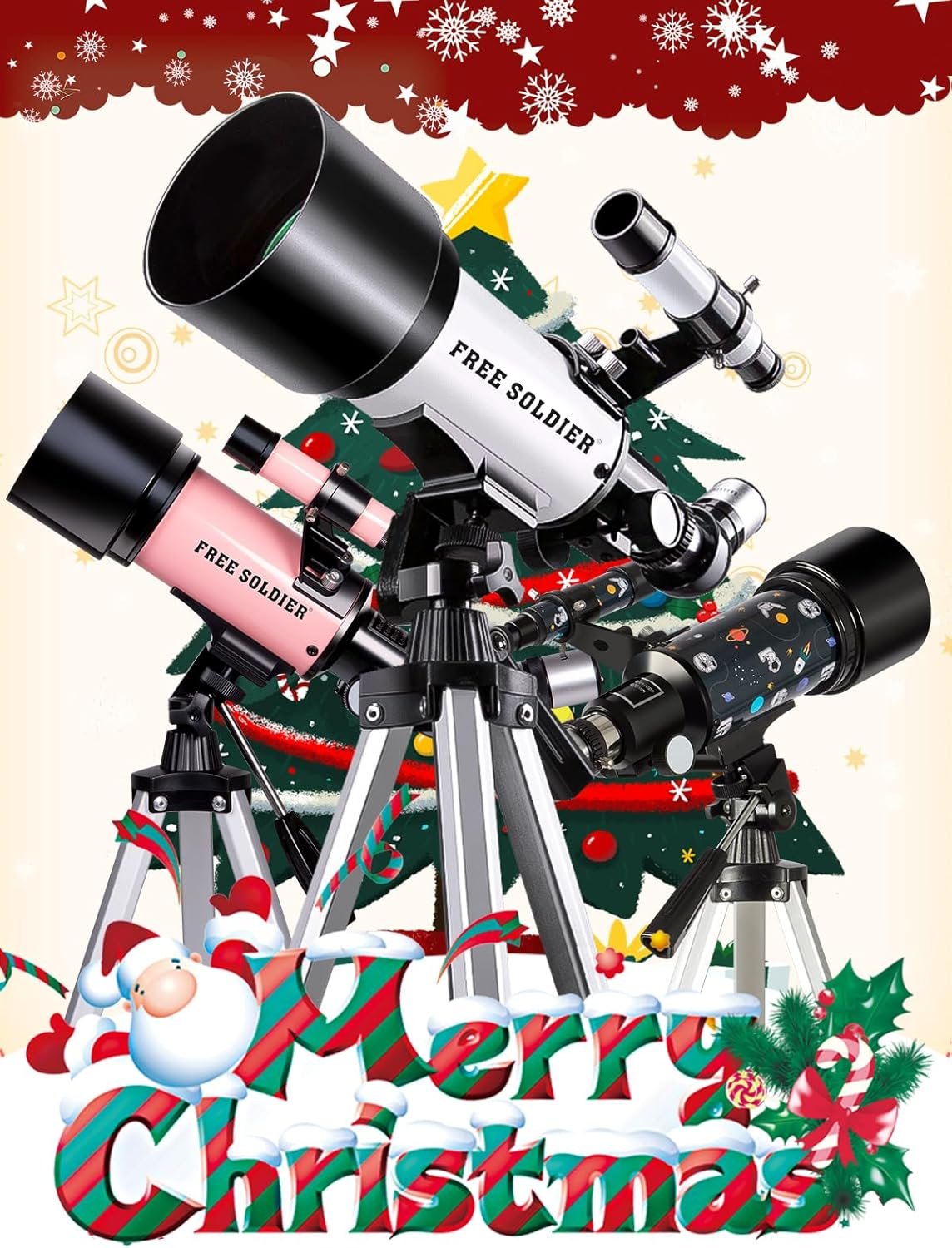 Three telescopes on tripods are arranged in front of a decorated Christmas tree, with "Merry Christmas" text and festive graphics at the bottom.