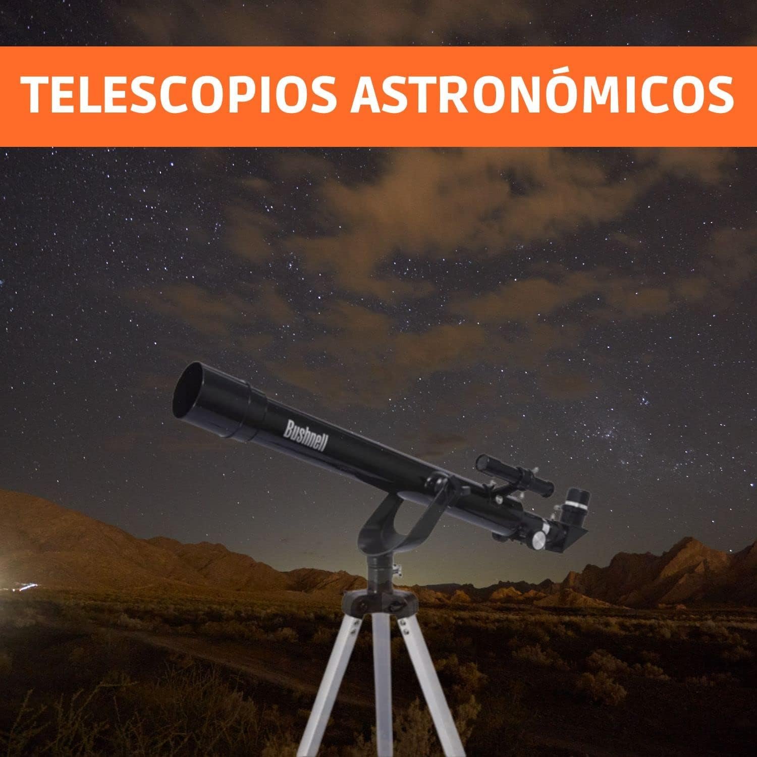 A black astronomy telescope on a tripod stands outdoors at night under a cloudy sky, with "TELESCOPIOS ASTRONÓMICOS" in bold text on an orange banner at the top.