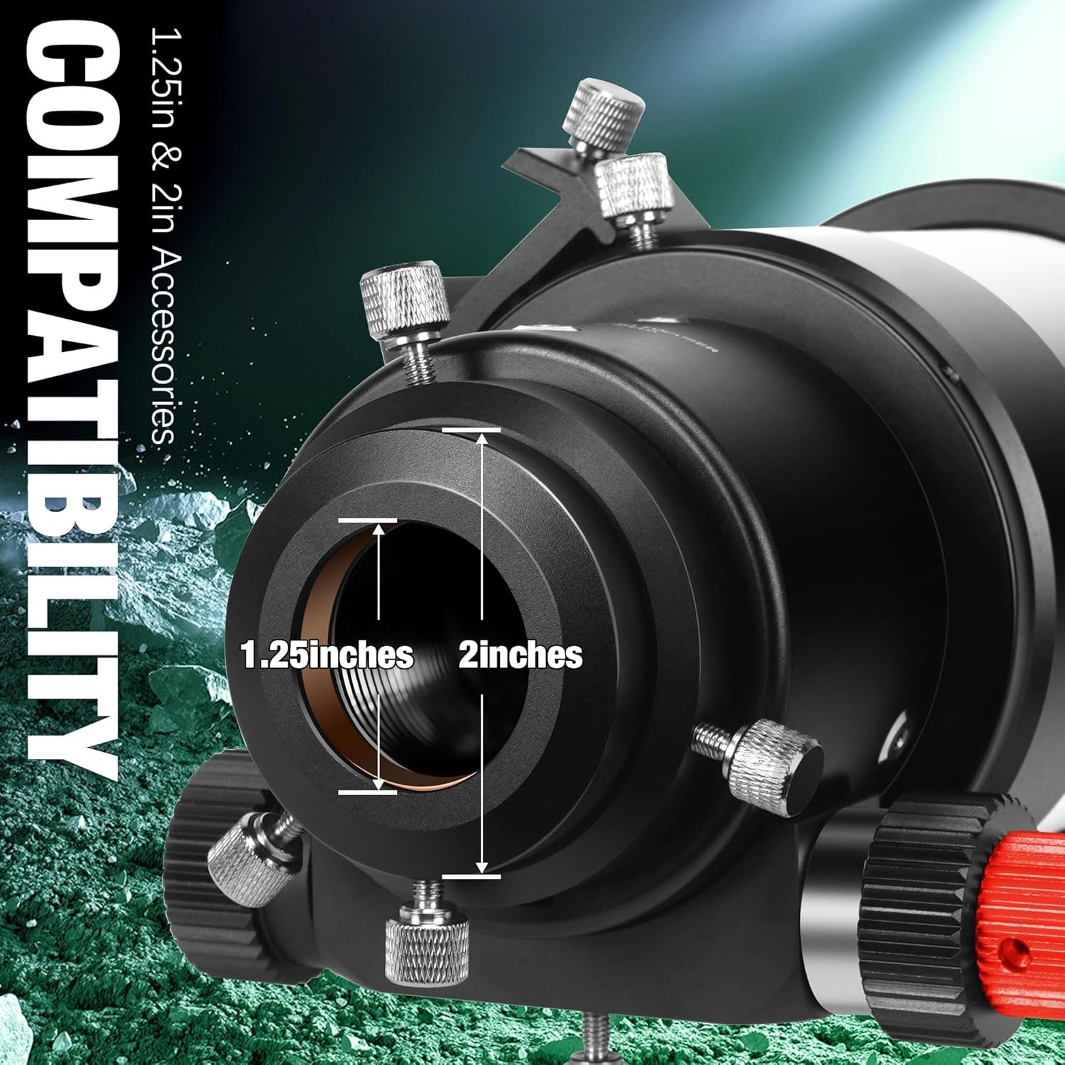 Close-up view of a telescope focuser showing compatibility with 1.25-inch and 2-inch accessories, with measurement labels indicating the inner and outer diameters.