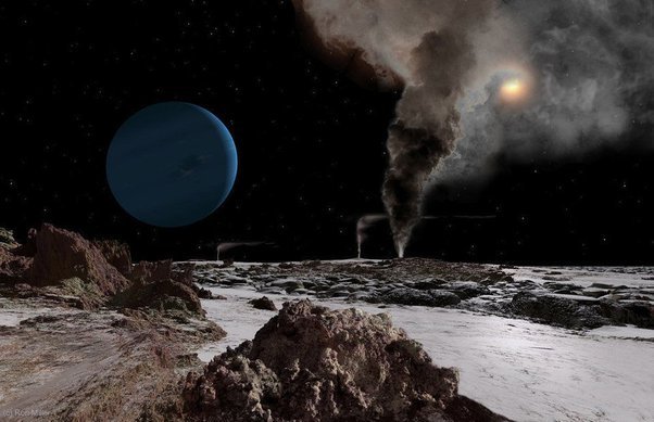 From Which Planet Can We Have a Better View of the Sun? 10 A rocky, icy landscape with geysers releasing plumes of dark smoke; a blue planet and a distant sun are visible in the star-filled sky.