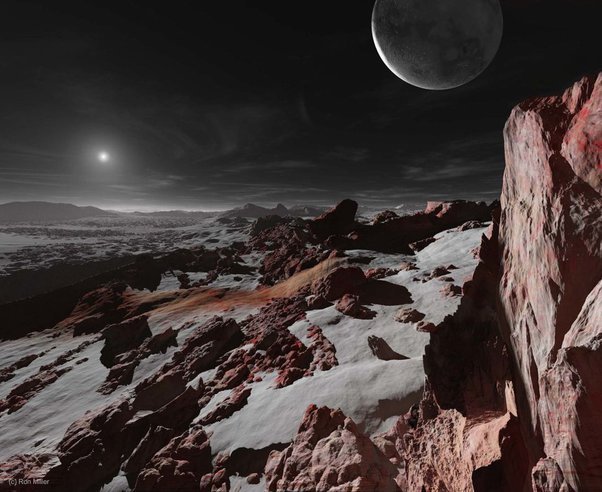 From Which Planet Can We Have a Better View of the Sun? 9 A rocky, icy landscape under a dark sky with a large moon and a distant sun visible on the horizon.