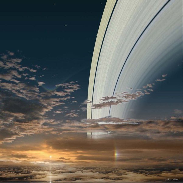 From Which Planet Can We Have a Better View of the Sun? 2 A view of Saturn's rings dominating the sky above thick clouds, with a sunset and small celestial bodies visible on the horizon.