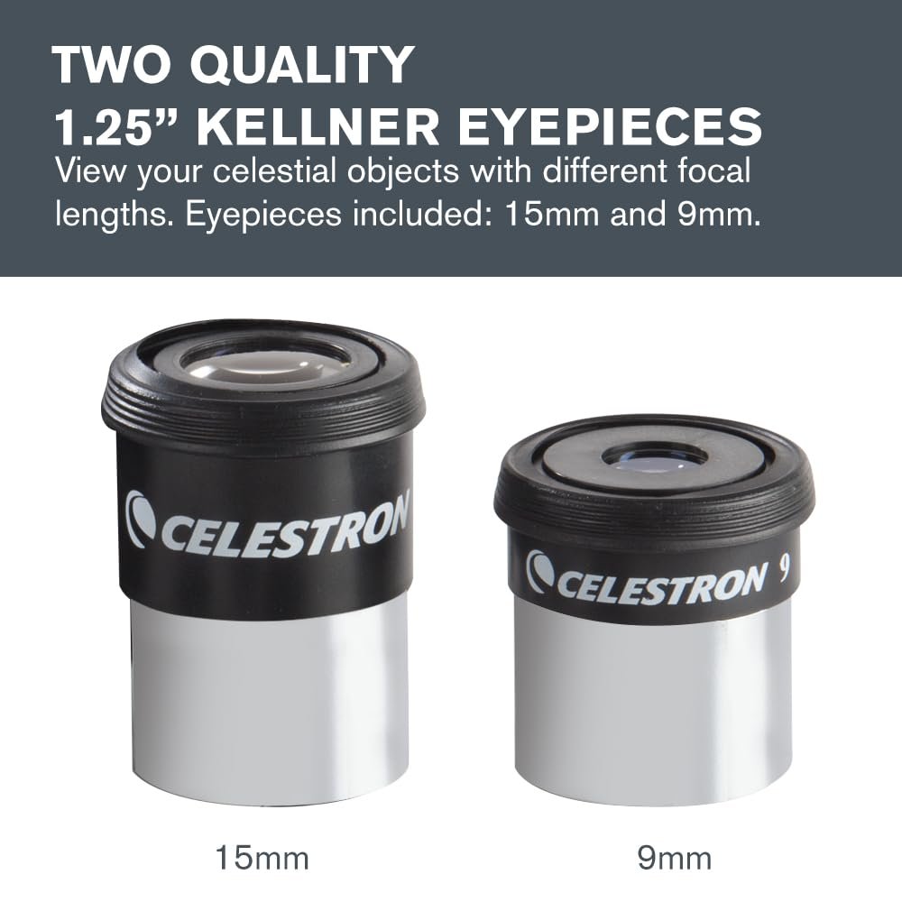 Two Celestron Kellner eyepieces, labeled 15mm and 9mm, are shown side by side on a plain background with descriptive text above.