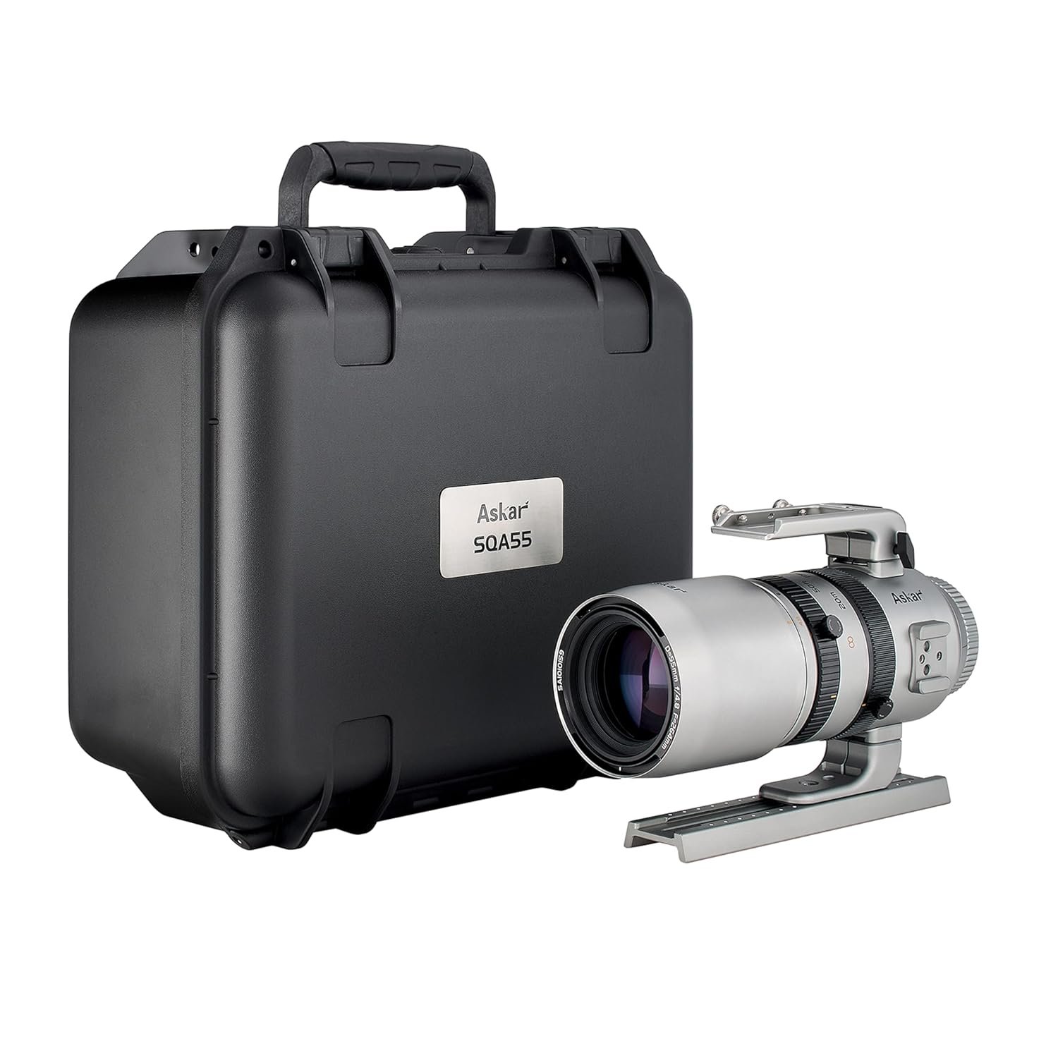 A silver Askar 500mm f/5.6 lens with a mounting bracket is displayed next to a black hard carrying case labeled “Askar SQA55.”.