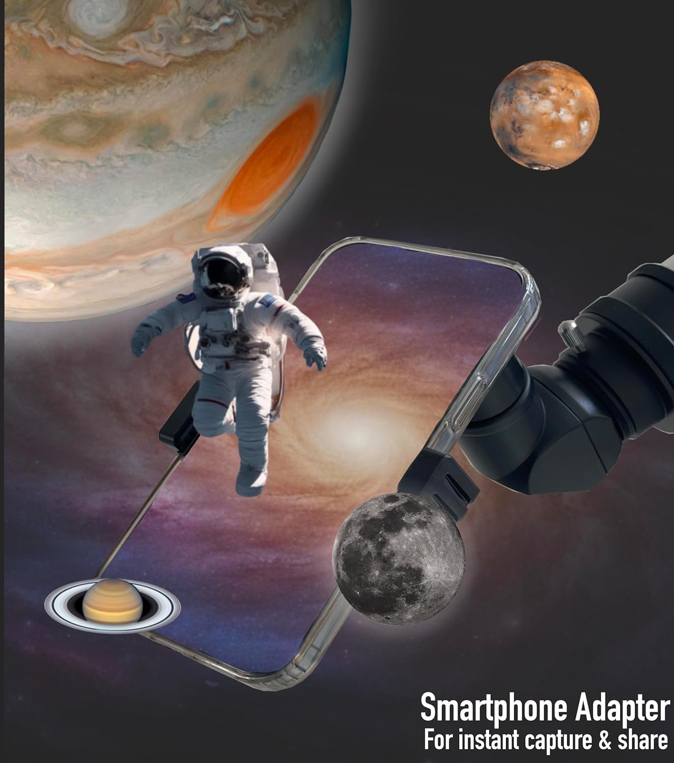 An astronaut floats in space near planets and moons, with a smartphone adapter capturing the scene, framed by Jupiter and Saturn, and text promoting instant capture and sharing.