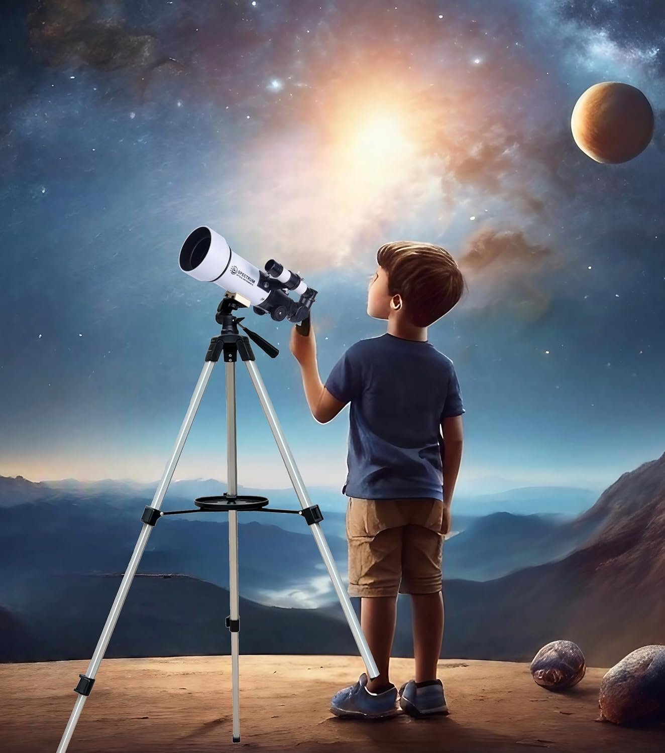 A young boy stands on rocky terrain, looking at the night sky through a telescope with planets and stars visible in the background.
