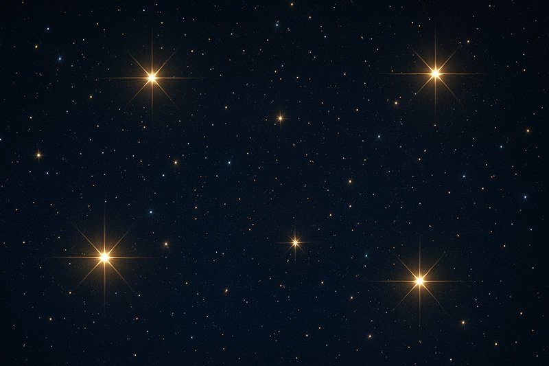 Why do stars twinkle? 1 A dark night sky with five prominent bright stars forming a cross shape, surrounded by many smaller stars scattered throughout.