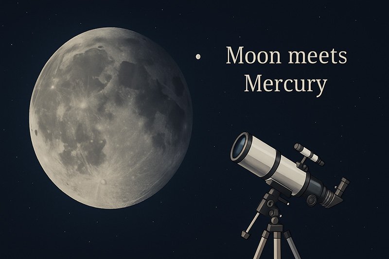 Illustration of the Moon and Mercury, the smallest planet, close together in the night sky, with a telescope in the foreground and the words “Moon meets Mercury.”.