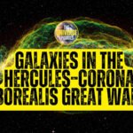 Text graphic with a backdrop of outer space reads: "Galaxies in the Hercules–Corona Borealis Great Wall," highlighting this immense cosmic structure, with a small "The Universe Episodes" logo above.