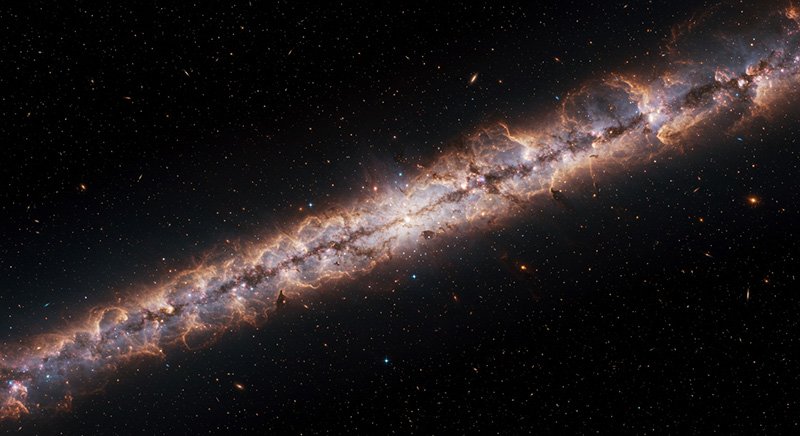 A detailed view of the Milky Way galaxy’s plane, showing dense clusters of stars, glowing gas clouds, and dark dust lanes—features found near colossal structures like the Hercules–Corona Borealis Great Wall—against a black background.