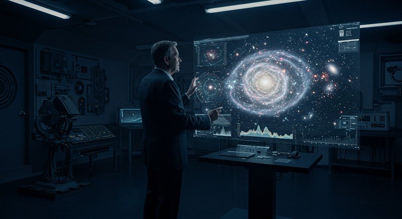 A man in a suit interacts with a large digital display showing the Hercules–Corona Borealis Great Wall galaxy in a dimly lit, high-tech laboratory.