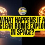 Illustration showing two nuclear bomb explosions, one over Earth and one in space, with the text “What happens if a nuclear bomb explodes in space?” in bold yellow letters.