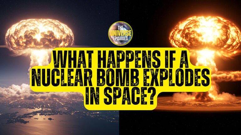 Illustration showing two nuclear bomb explosions, one over Earth and one in space, with the text “What happens if a nuclear bomb explodes in space?” in bold yellow letters.