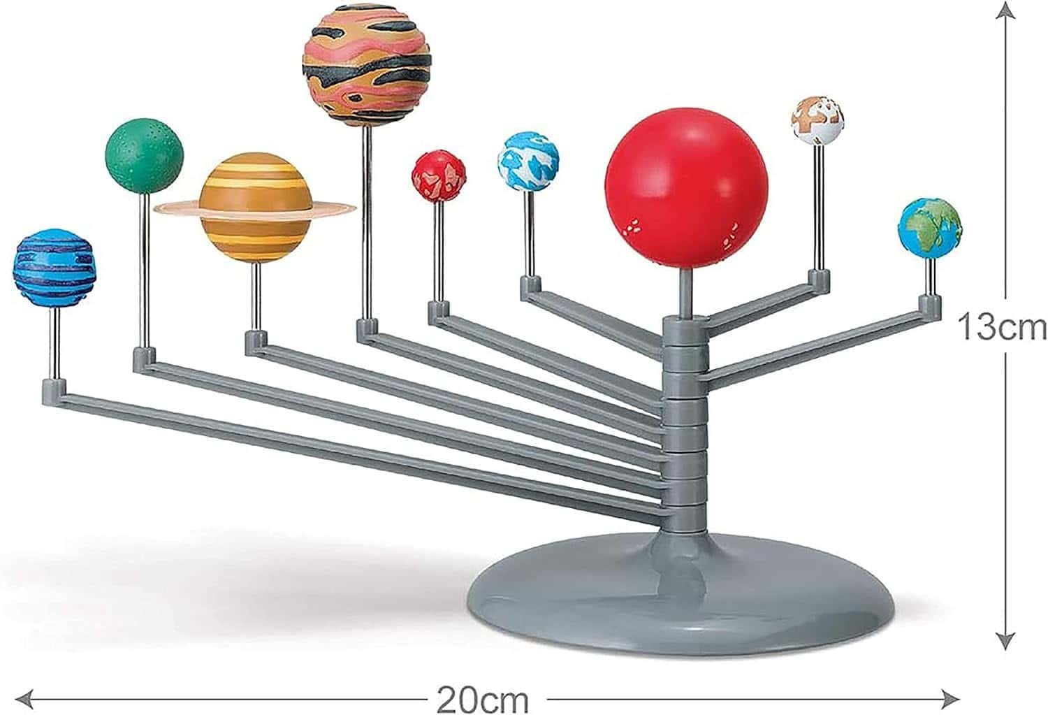Model of the solar system featuring painted planets mounted on metal rods, arranged around a central base with measurements indicating 20 cm wide and 13 cm tall.
