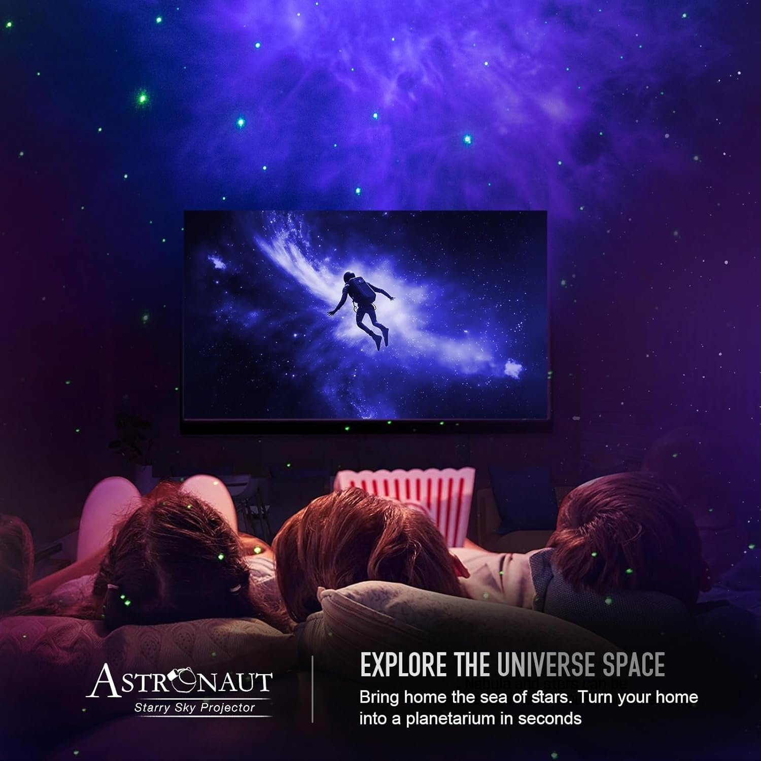 Three people watch a cosmic scene of an astronaut projected on a screen in a dark room with glowing stars, promoting a starry sky projector called Astronaut.