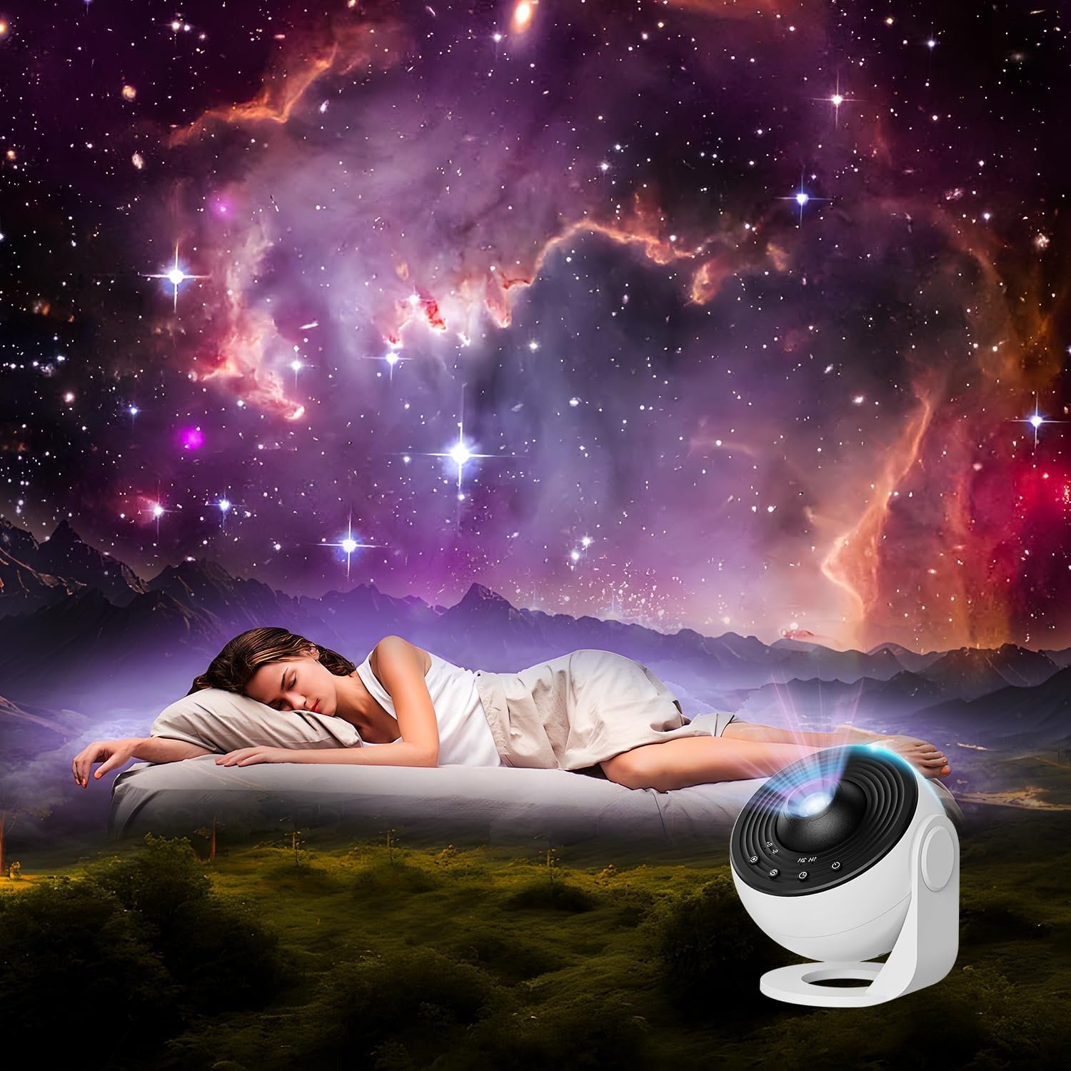 A woman sleeps on a bed outdoors under a starry night sky, with a small projector casting space-themed visuals above her.