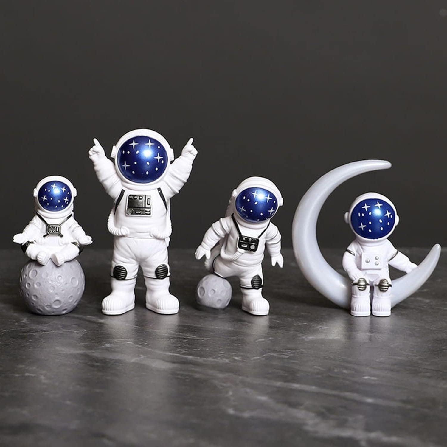 Blue White Astronaut Statues Set of 4 Spaceman Sculpture Figurines Outer Space Theme Decor for Nursery Room Cake Topper