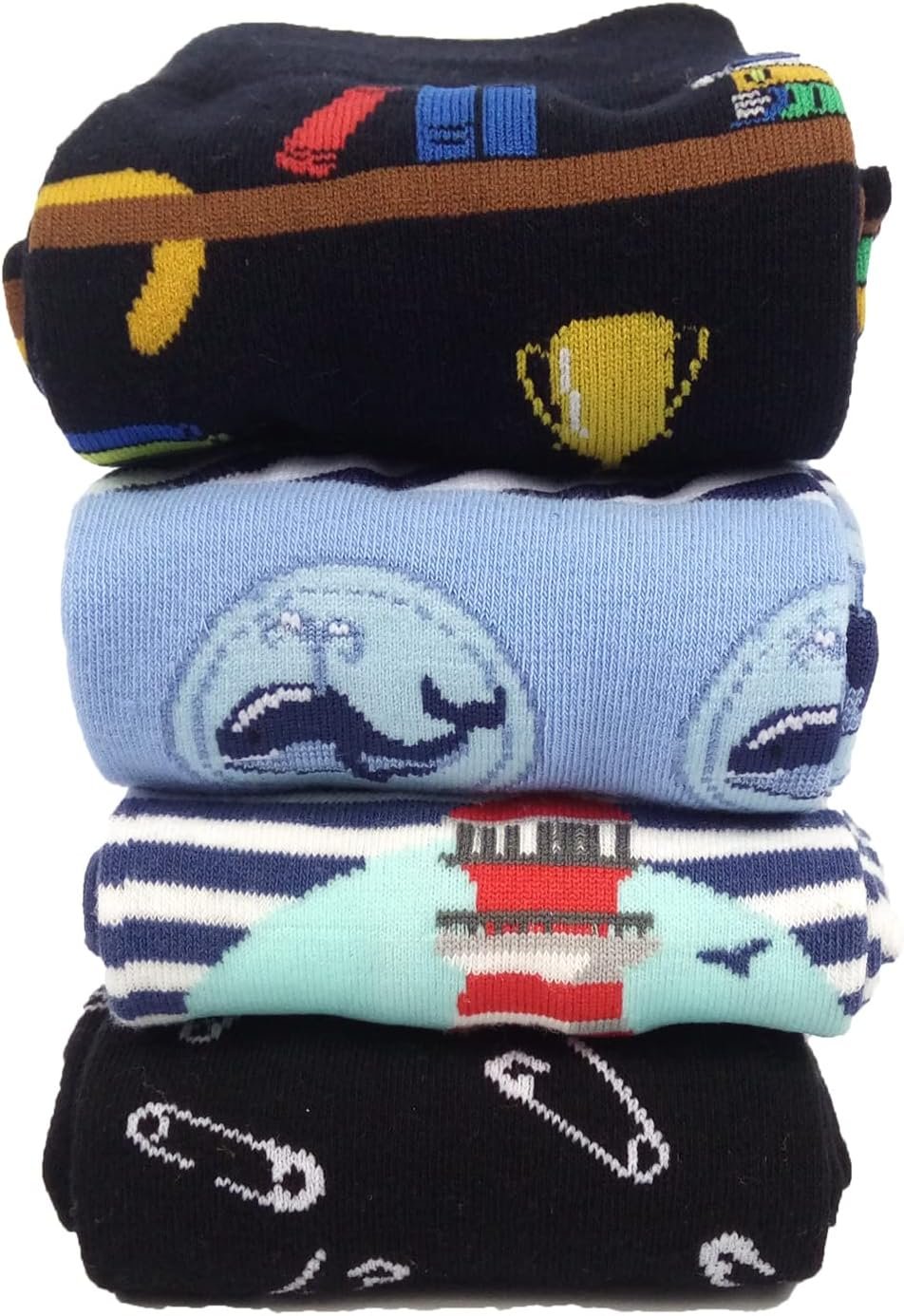 A stack of four folded children's socks with different designs, including trophies, whales, a lighthouse, and safety pins.