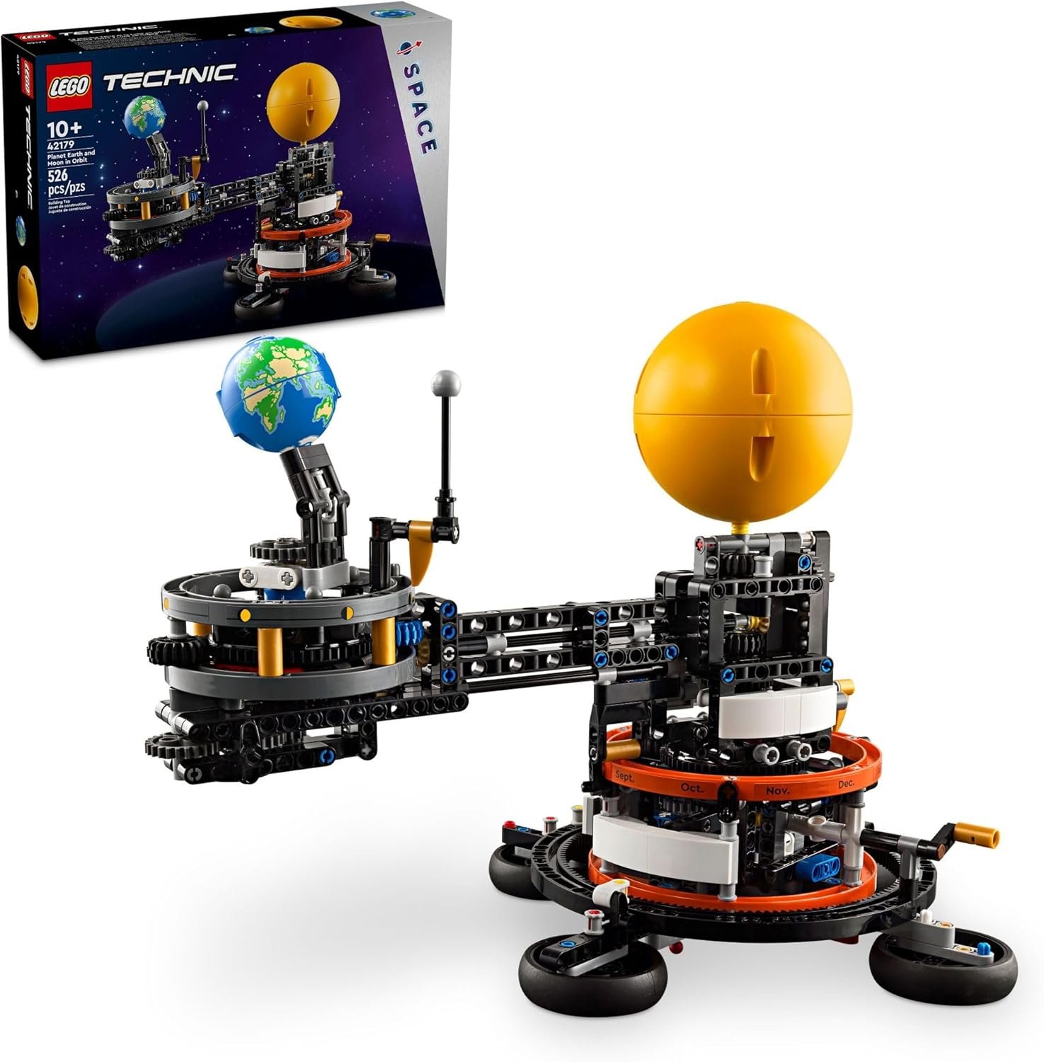 LEGO Technic orrery model set featuring rotating Earth and Sun, with the box displayed in the top left corner. Suitable for ages 10 and up.