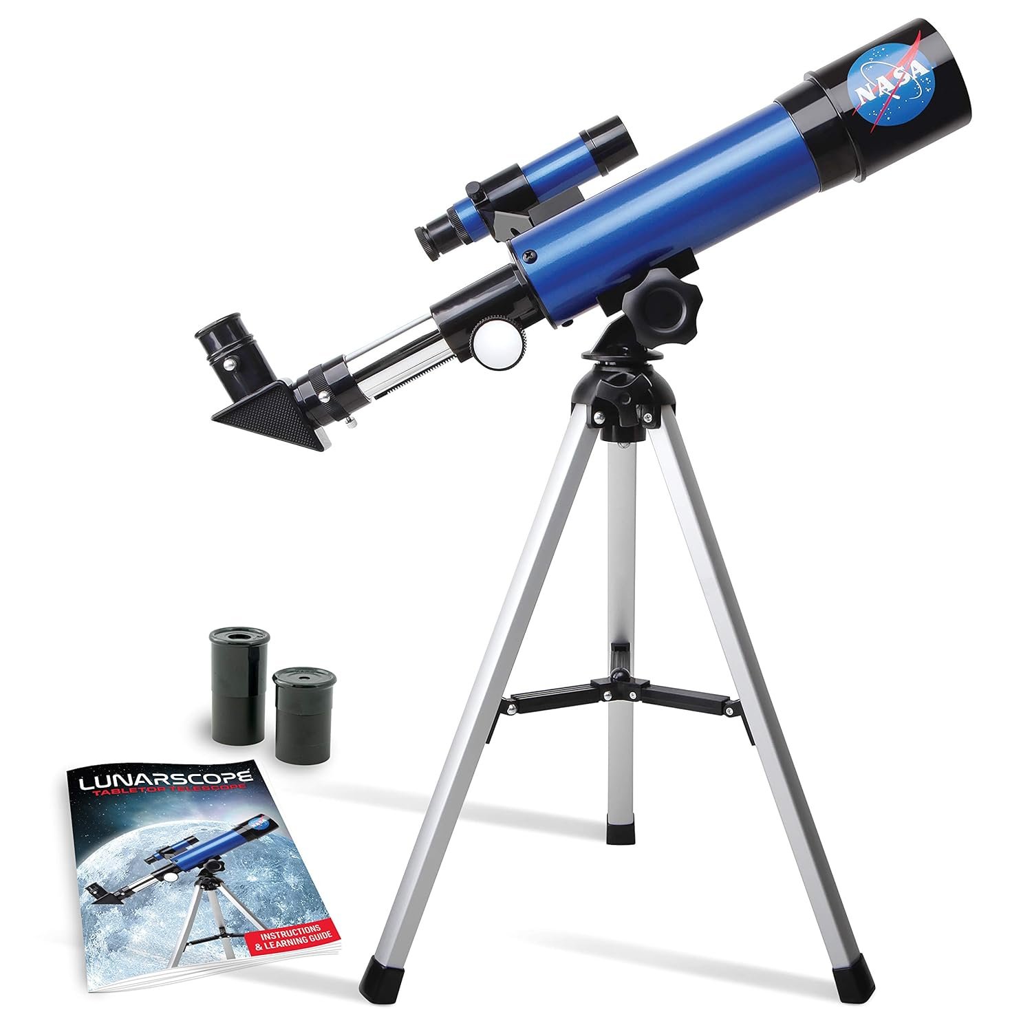 A blue telescope with NASA logo on a tripod, accompanied by two eyepieces and an instruction manual labeled "LUNARSCOPE.