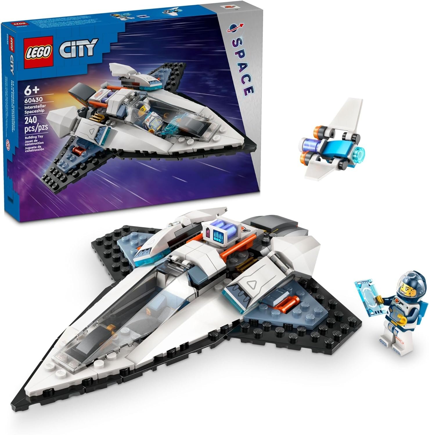 LEGO City Space Shuttle set with 240 pieces shown assembled, including a shuttle, minifigure in spacesuit, small drone, and the product box in the background.