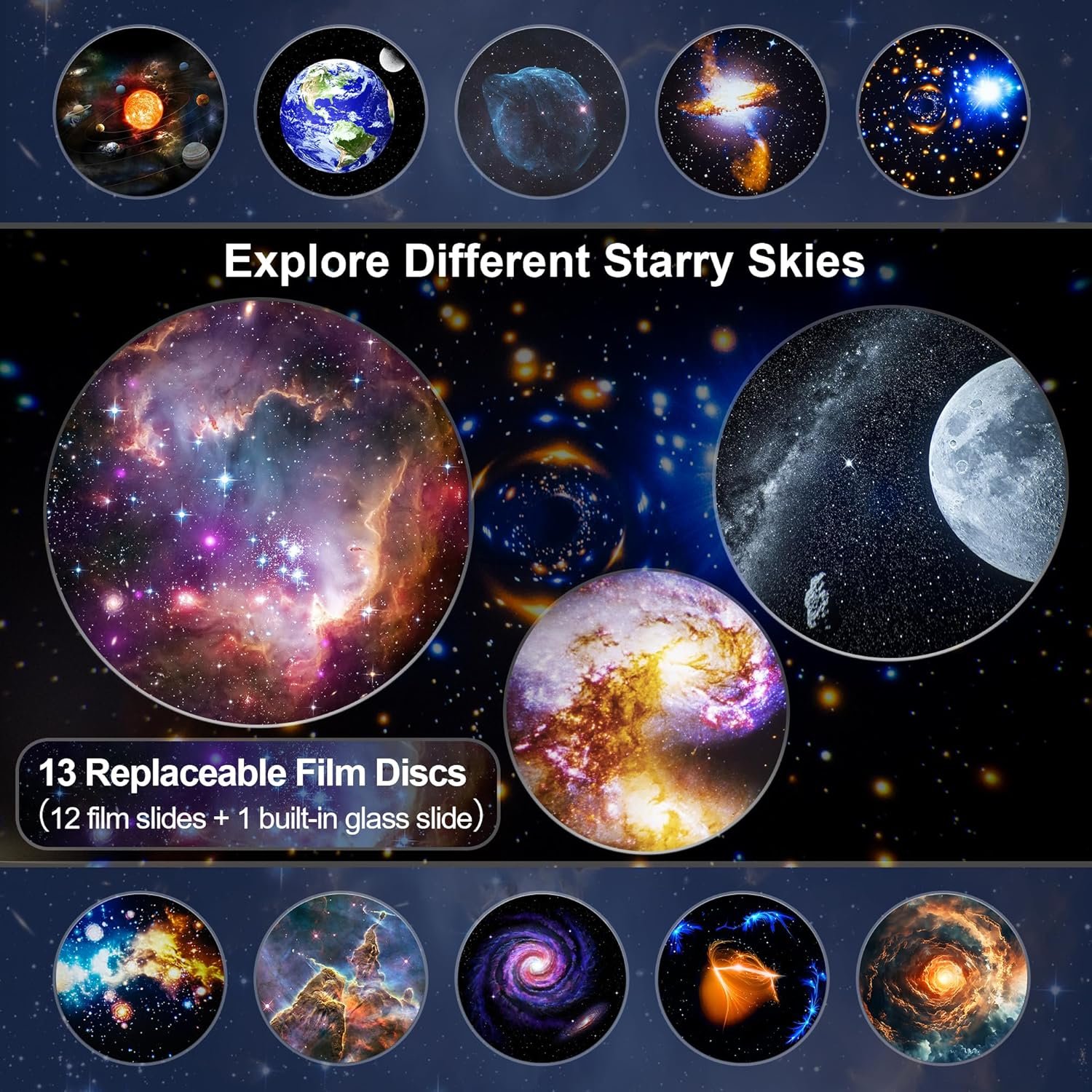 A collage displays 13 circular images of various starry skies, nebulae, galaxies, and outer space scenes, labeled as "13 Replaceable Film Discs" for stargazing projection.