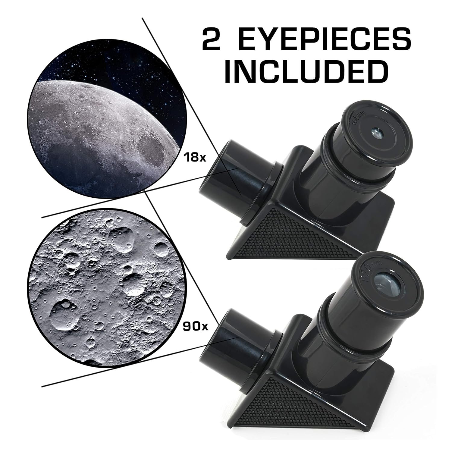 Two black telescope eyepieces are shown with images of the moon at 18x and 90x magnification. Text reads “2 eyepieces included.”.