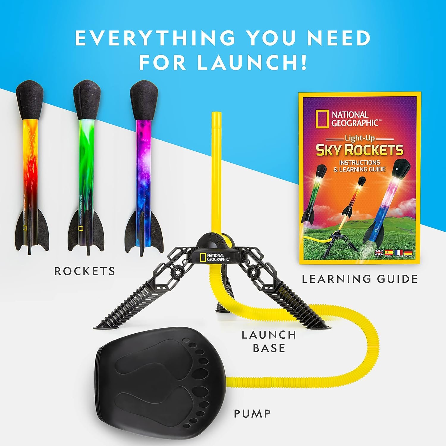 Image shows three toy rockets, a National Geographic sky rockets learning guide, a launch base, and a foot pump, labeled as "Everything You Need for Launch.