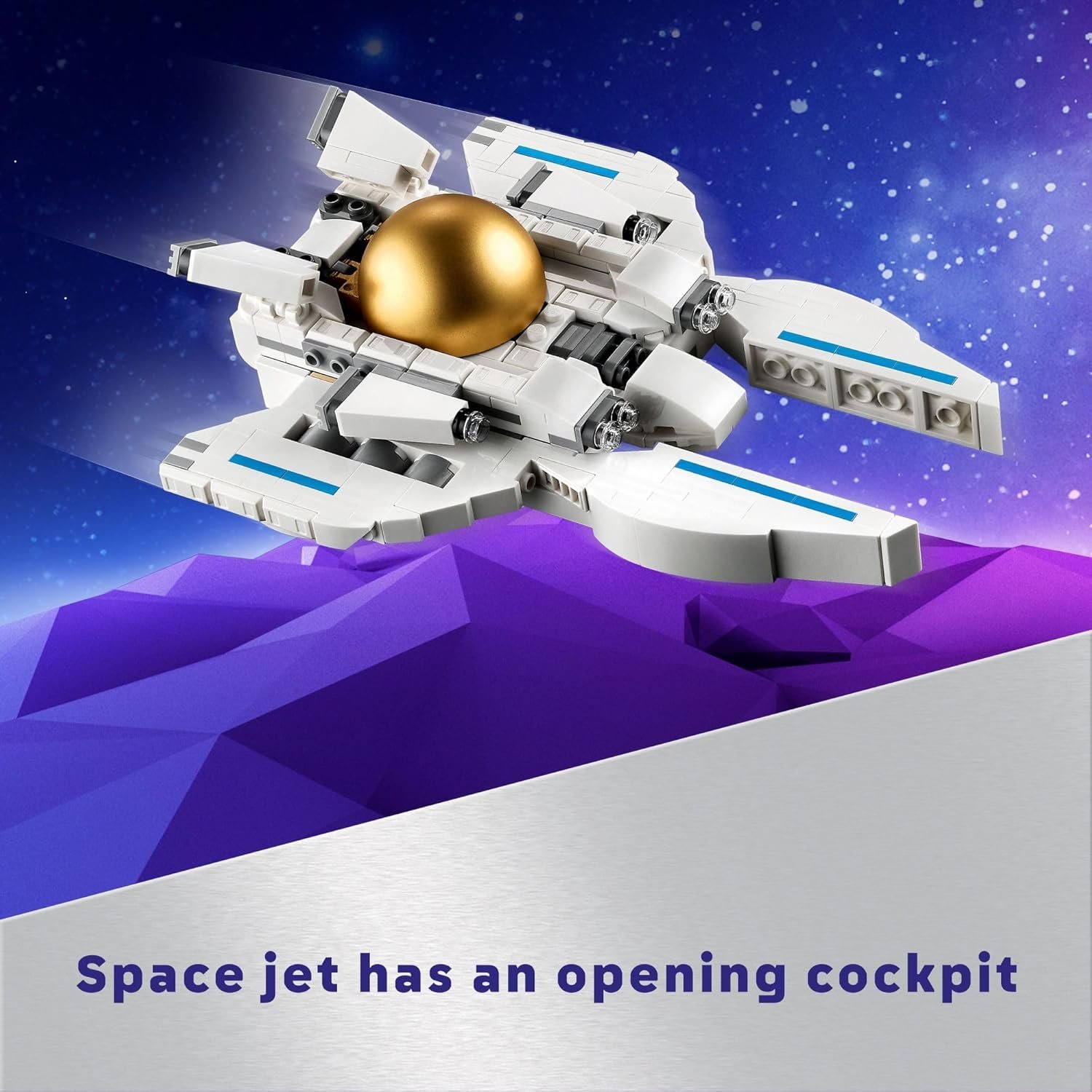 White and gold toy space jet with four wings and an open cockpit flies above a purple, angular landscape against a starry space background. Text reads: "Space jet has an opening cockpit.