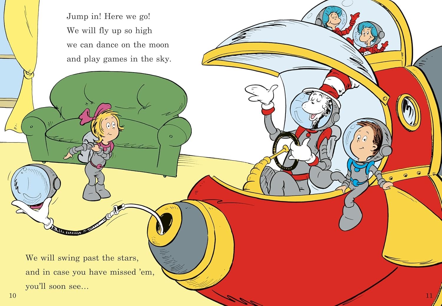 The Cat in the Hat, two children, and a pink-caped character prepare to board a red and yellow spaceship, with a gloved blue creature holding a hose attached to the ship.