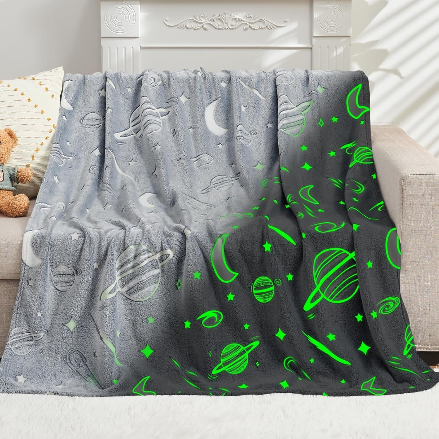 Inhand Glow in the Dark Stars Blanket for Girls Boys Cute Kids Throw Blanket Funny Space Blanket Room Decor Toys Birthday Gifts for 2 3 4 5 6 7 8 9 10 11 12 13 Years Old Girls or Boys (50''x60'' Grey)
