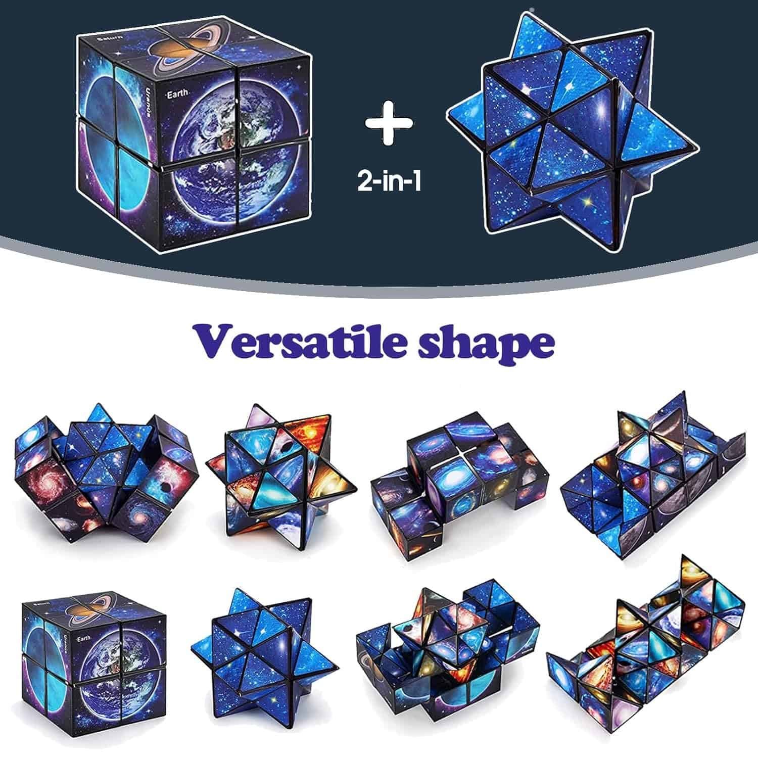 Two geometric puzzle toys with galaxy designs shown in various assembled and unfolded shapes, demonstrating their versatility and star-themed patterns.