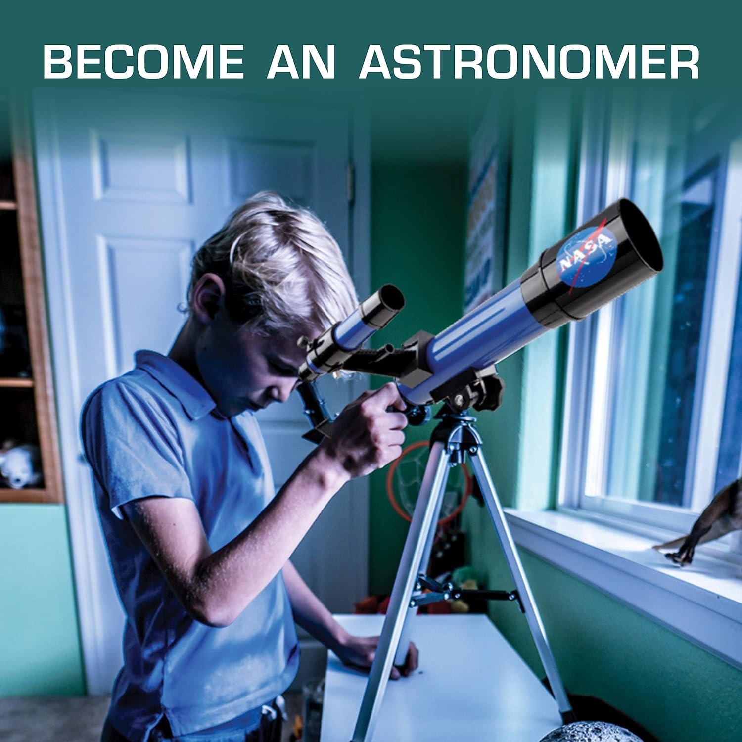 A young boy looks through a telescope by a window in a room; text above reads “BECOME AN ASTRONOMER.”.