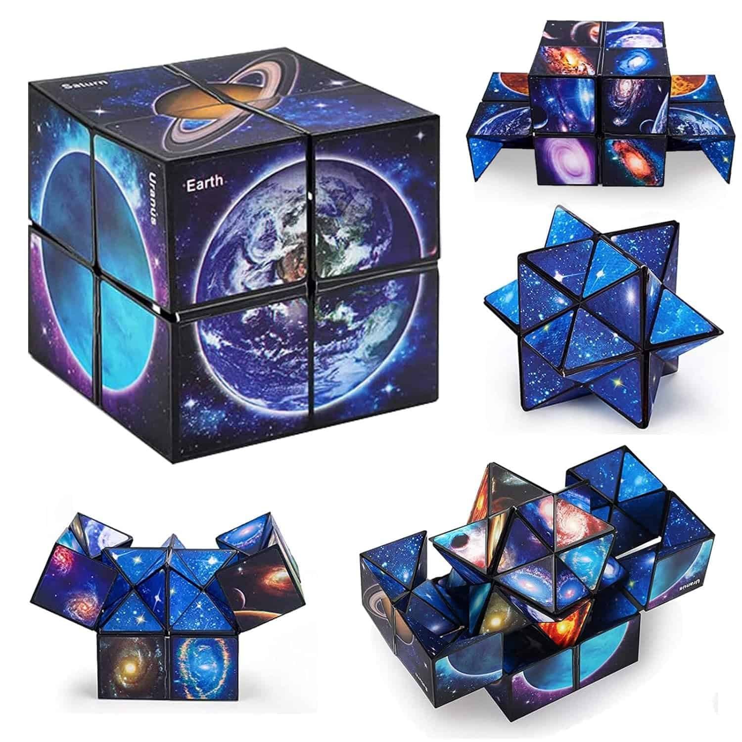 A geometric puzzle cube with images of outer space and planets, shown in various configurations and partially unfolded forms.