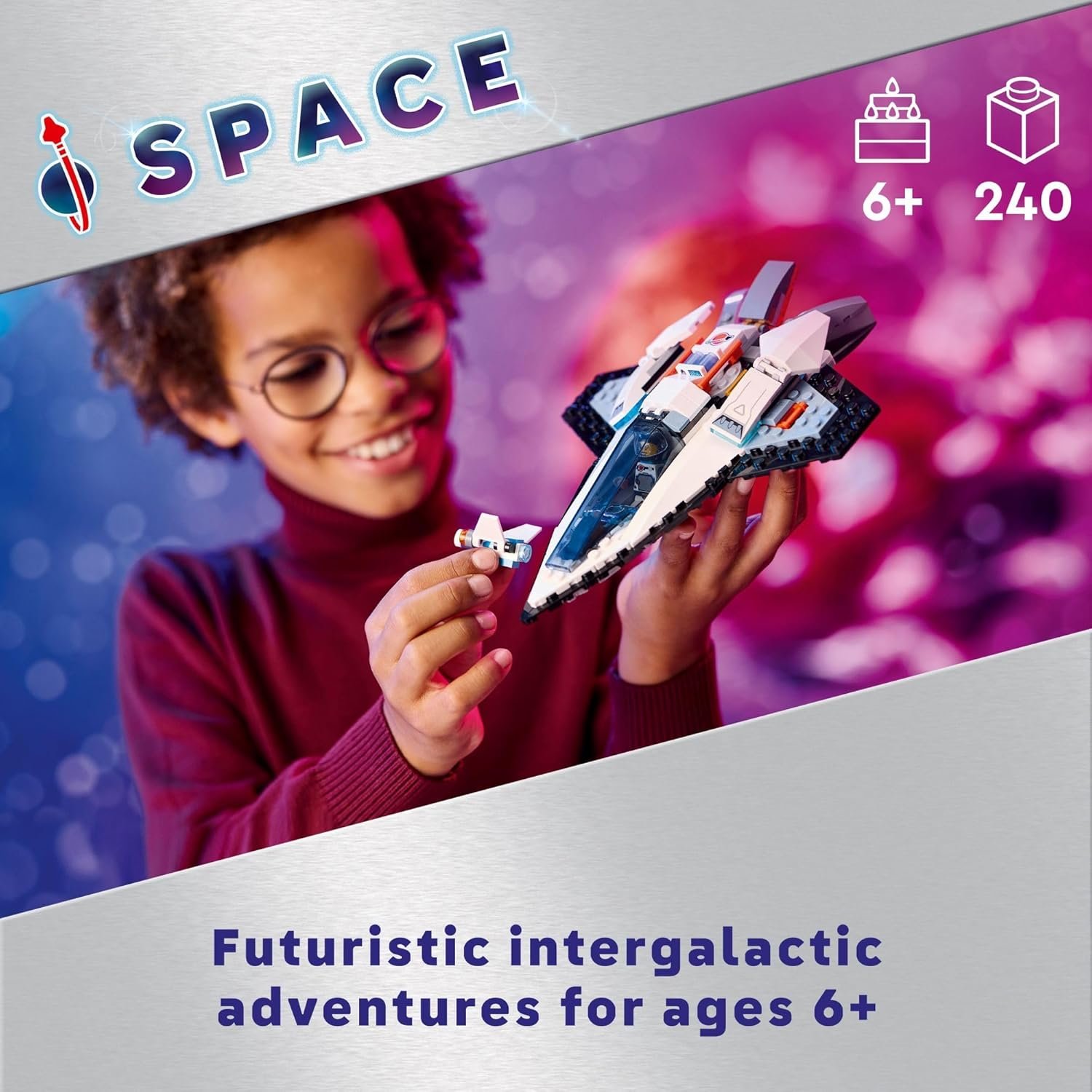Child holding and playing with a white spaceship toy, with text indicating it is for ages 6 and up and contains 240 pieces.
