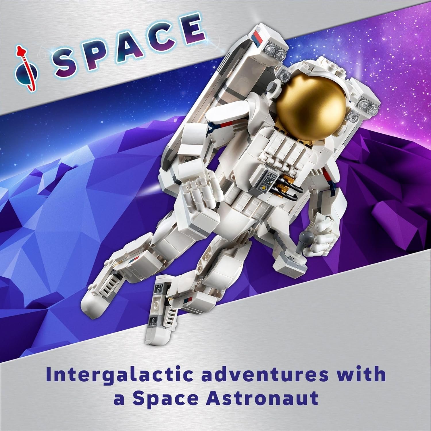 An astronaut in a white spacesuit floats in space with a purple planet background. Text reads, "Intergalactic adventures with a Space Astronaut.