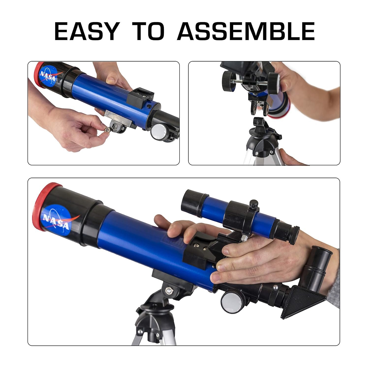 Three instructional photos show hands assembling a blue NASA-branded telescope on a tripod, demonstrating its easy assembly process.