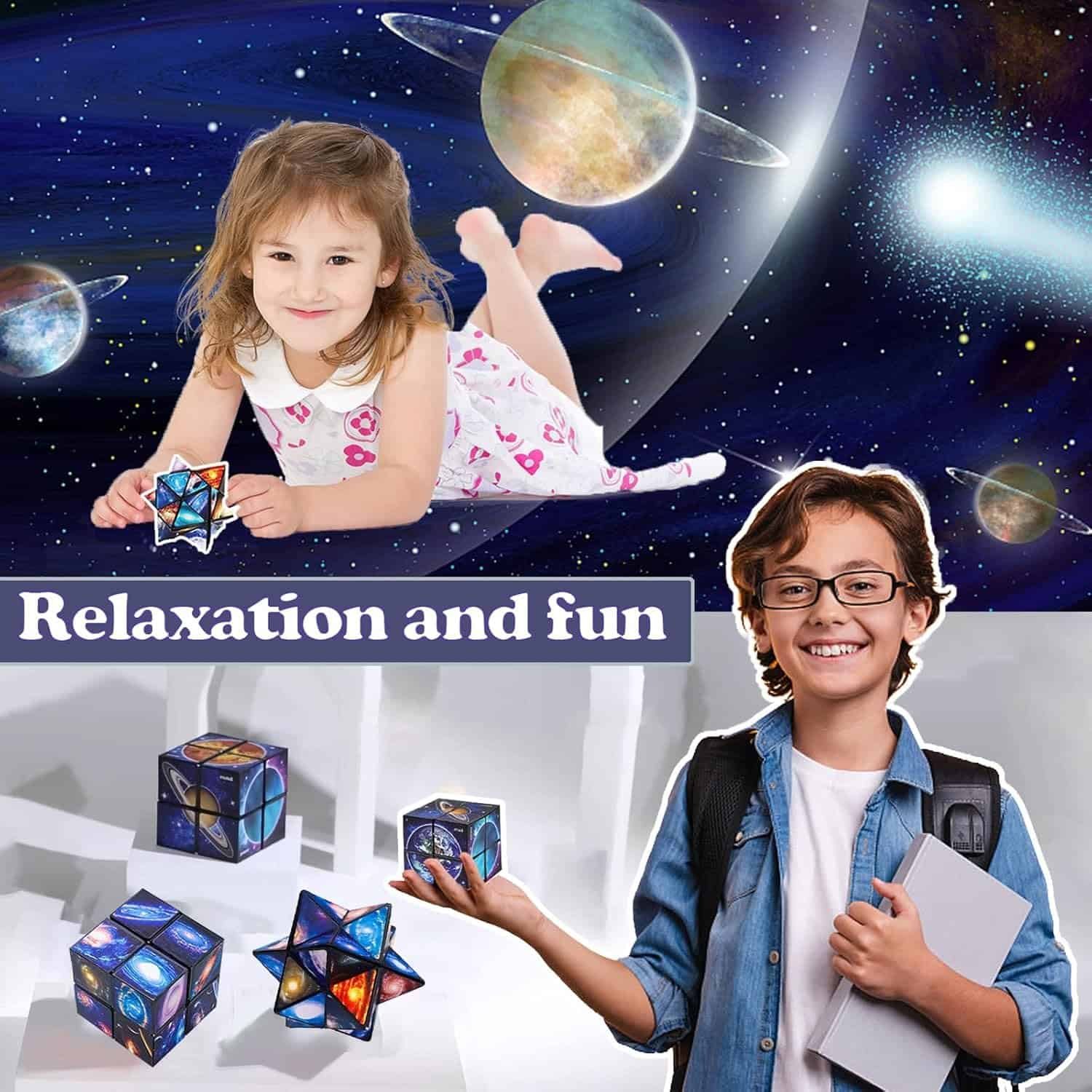A young girl with a puzzle toy floats in a space-themed background; below, a smiling boy holds a laptop and similar toys with the text "Relaxation and fun.
