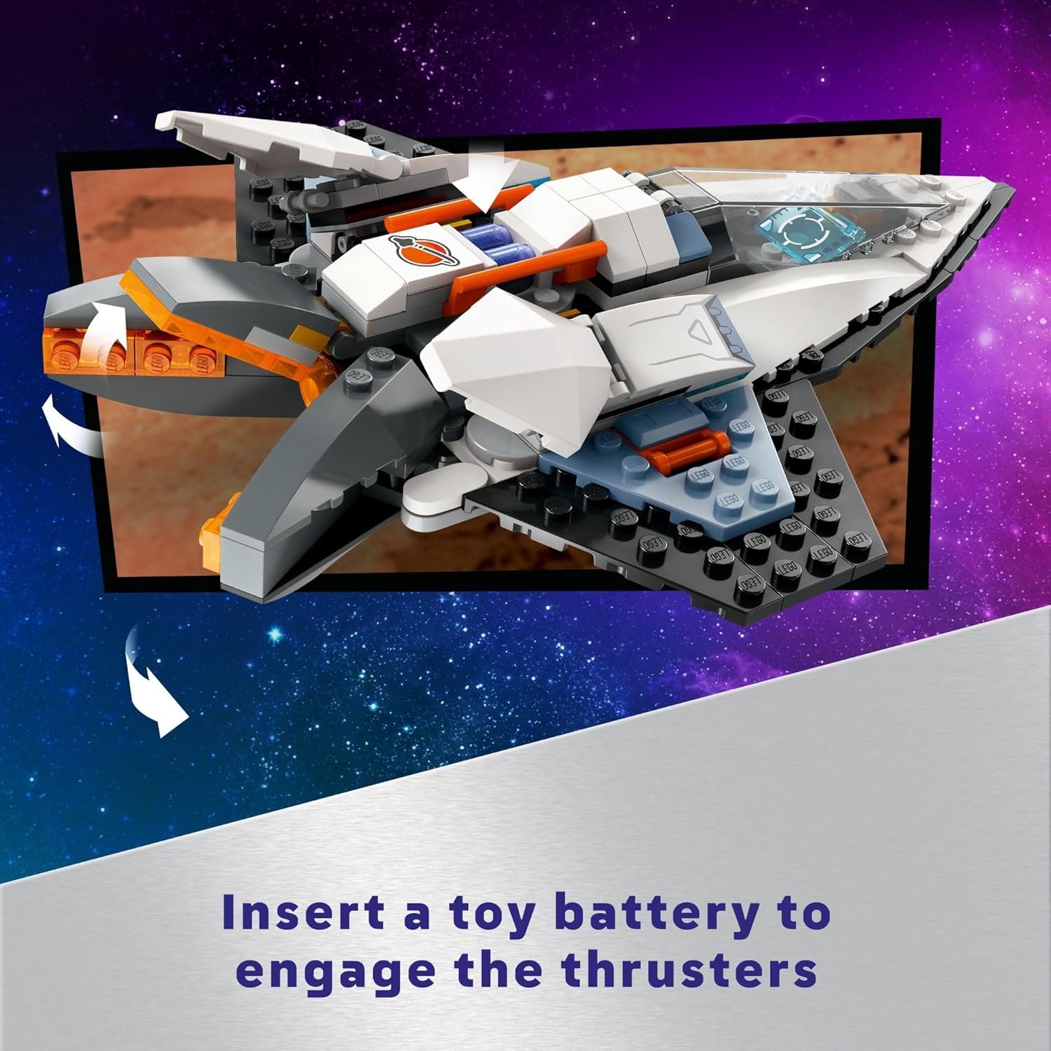 A LEGO spaceship with gray, white, and orange parts is shown with arrows indicating moving parts. Text below reads: "Insert a toy battery to engage the thrusters.