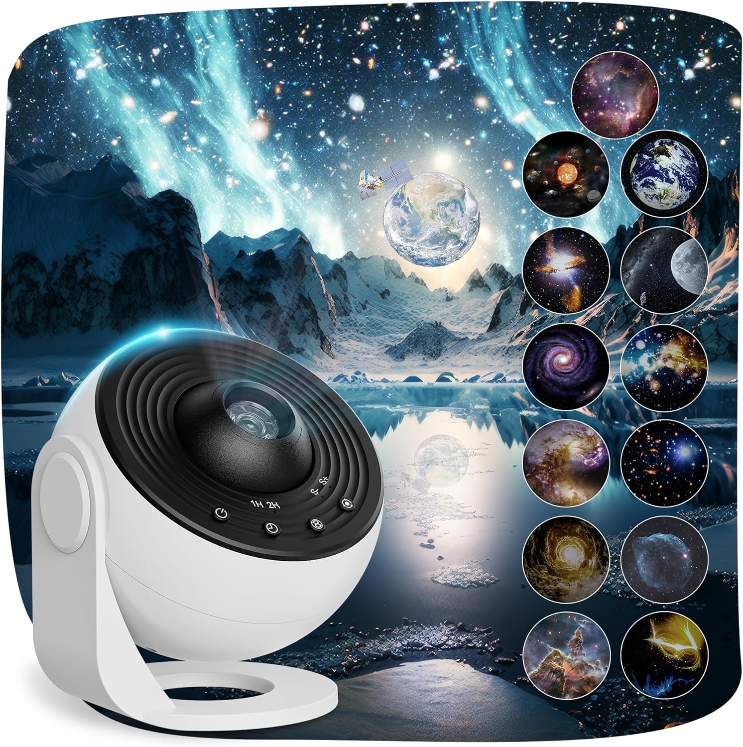 A projector sits on a stand in front of a backdrop depicting space, with planets, galaxies, and stars, alongside smaller circular images of various cosmic scenes.