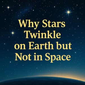 Text reads, "Why stars twinkle on Earth but not in space," over a starry night sky with the edge of a planet at the bottom, highlighting what makes stars twinkle from our viewpoint.