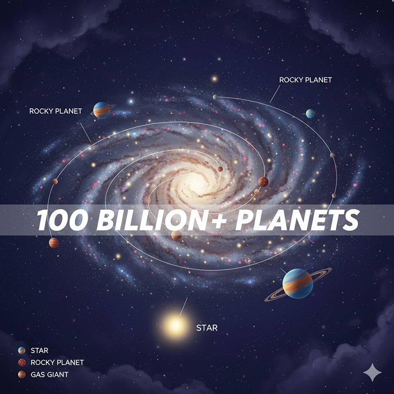 Illustration of the Milky Way galaxy with labeled rocky planets, gas giants, and stars, featuring the text "100 BILLION+ PLANETS" across the center.