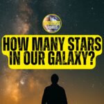 A person gazes up at a star-filled night sky, captivated by the question "How many stars in our galaxy?" shining boldly in yellow letters.