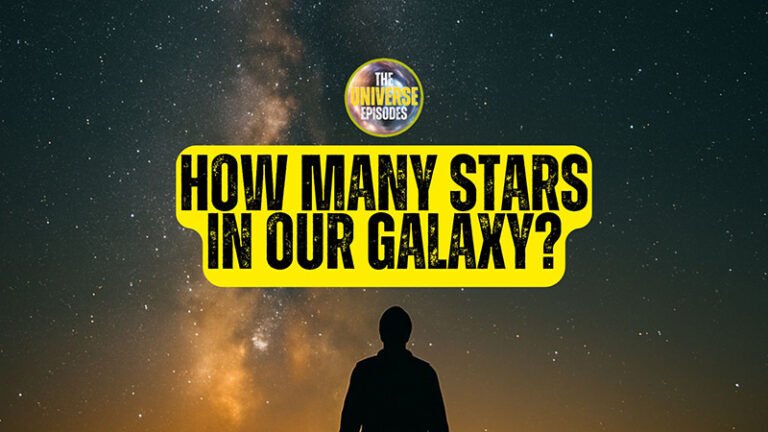 A person gazes up at a star-filled night sky, captivated by the question "How many stars in our galaxy?" shining boldly in yellow letters.