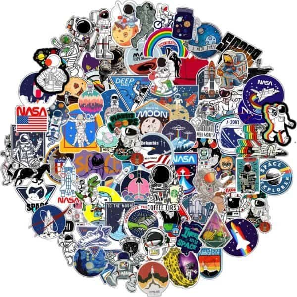 The 100pcs Space Stickers for Water Bottle, Laptop - Waterproof Vinyl NASA Pack includes astronauts, rockets, NASA logos, planets, and space exploration graphics in a durable vinyl set.