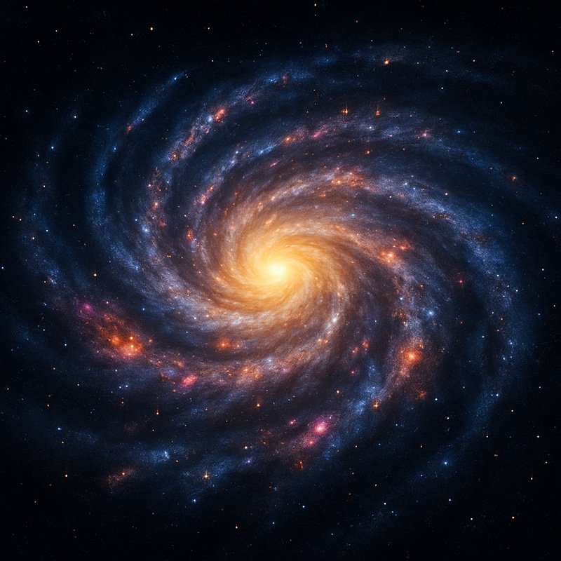 What Types of Stars Make Up the Milky Way? 1 A bright spiral galaxy with a glowing yellow center and swirling blue, pink, and orange arms—each colored by different types of stars—set against a dark, star-filled background.