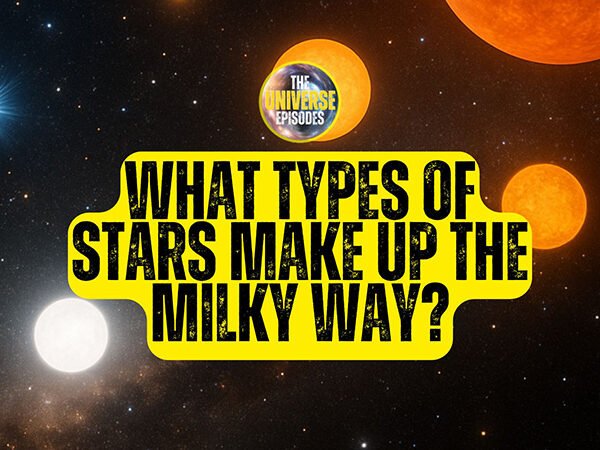 Graphic with a starry background, featuring orange and white stars. Text reads: "What types of stars make up the Milky Way?"—perfect for exploring different types of stars found in our galaxy.