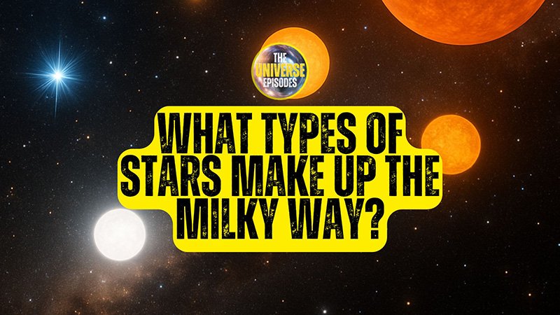 Graphic with a starry background, featuring orange and white stars. Text reads: "What types of stars make up the Milky Way?"—perfect for exploring different types of stars found in our galaxy.