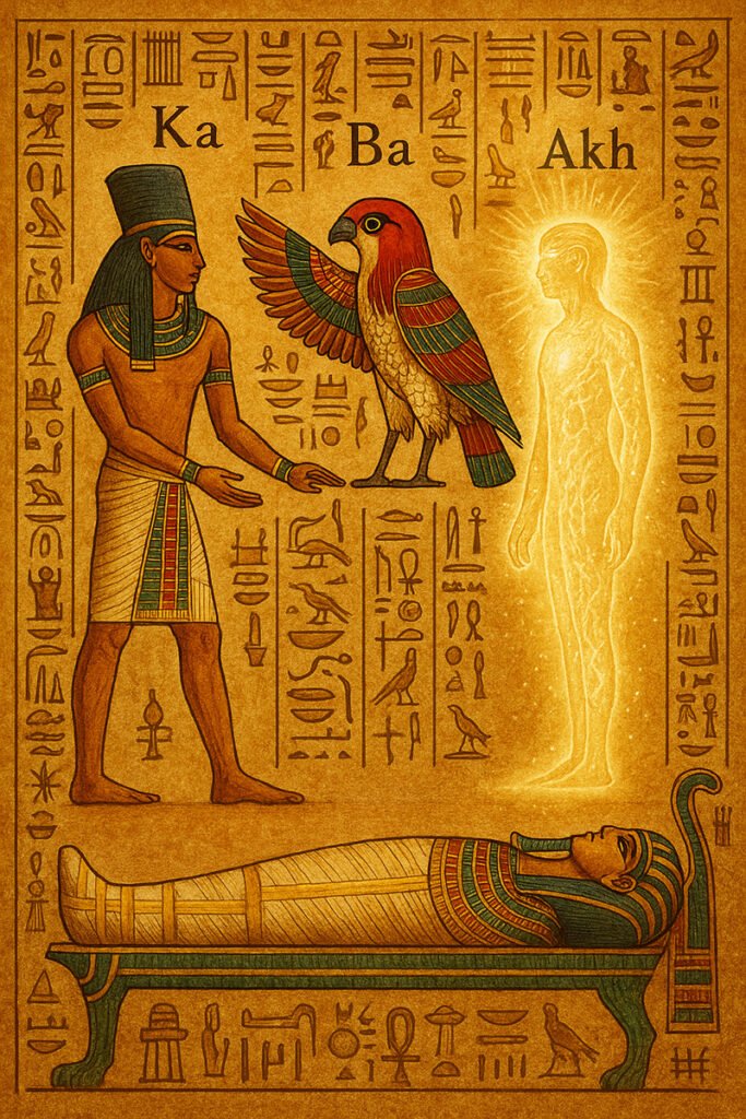 Ancient Egyptian artwork showing a pharaoh, a bird labeled “Ba,” a glowing human figure labeled “Akh,” and a mummy lying on a tomb, surrounded by hieroglyphics, explores the question: What is the soul?.