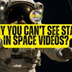 An astronaut in a spacesuit floats near a space station with the text "Why can't you see stars in space videos?" overlaid in bold yellow font, highlighting the mystery of stars in space.